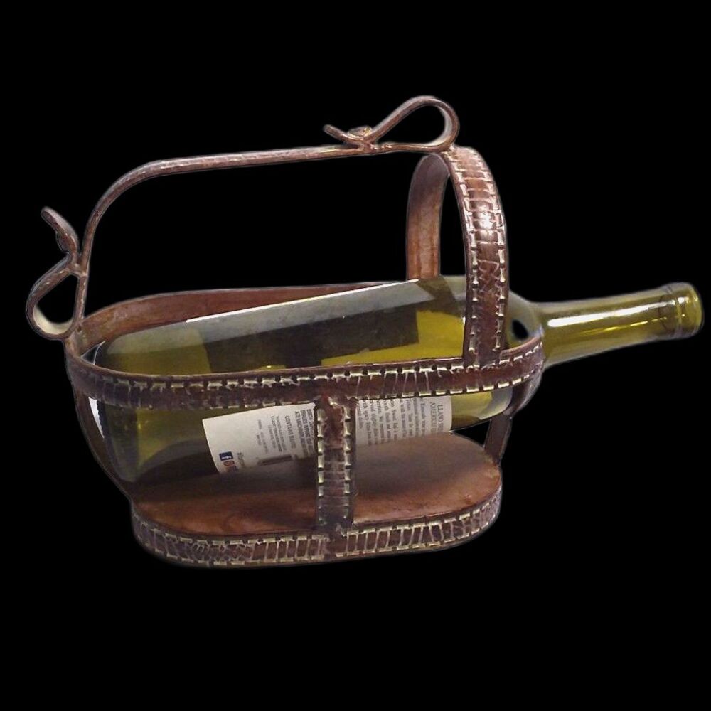 Vintage Wine Cradle Metal Faux Leather Hammered Design South Western, Tuscan